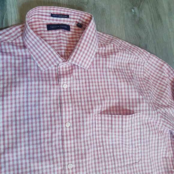 Tommy Hilfiger classic long sleeve red gingham button up mens top XL 17.5 neck - Picture 2 of 8